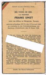 Oorlog. Smet Frans. ° Houthem (W.VL.) 1924 † Bernburg 1945, Enlèvement ou Envoi, Image pieuse