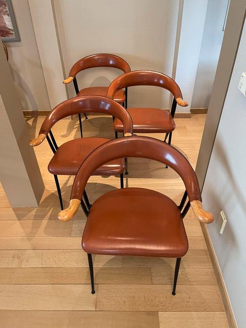 4 stoelen italiaans design, Huis en Inrichting, Stoelen, Gebruikt, Vier, Hout, Leer, Metaal, Bruin, Ophalen