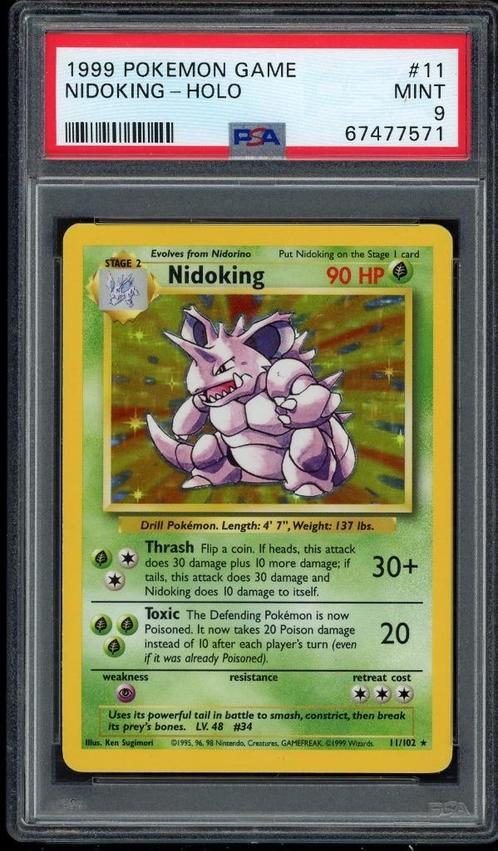 Nidoking Holo PSA 9 - 11/102 - Base Set 1999, Hobby en Vrije tijd, Verzamelkaartspellen | Pokémon, Zo goed als nieuw, Losse kaart