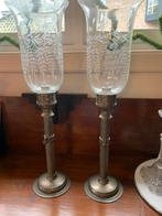 2 antieke windlichten in geslepen glas, H52cm, Ophalen, Glas