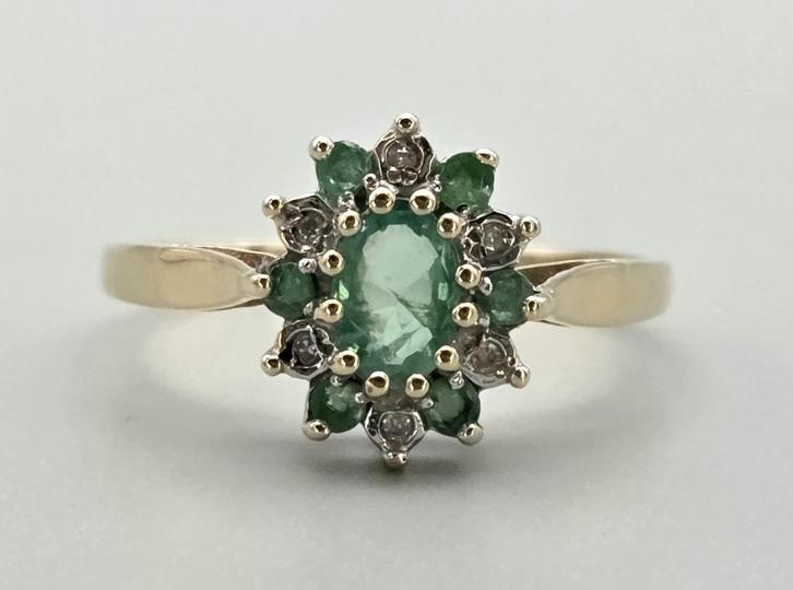 Gouden Vintage ring edelsteen smaragd en diamant. 2025/692., Bijoux, Sacs & Beauté, Bagues, Comme neuf, Femme, 18 à 19, Vert, Or