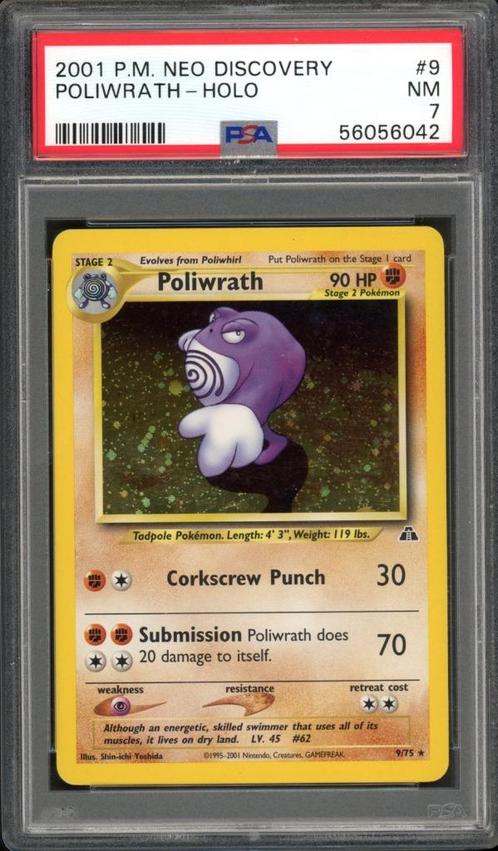 Poliwrath Holo PSA 7 - 9/75 - Neo Discovery 2001, Hobby en Vrije tijd, Verzamelkaartspellen | Pokémon, Zo goed als nieuw, Losse kaart
