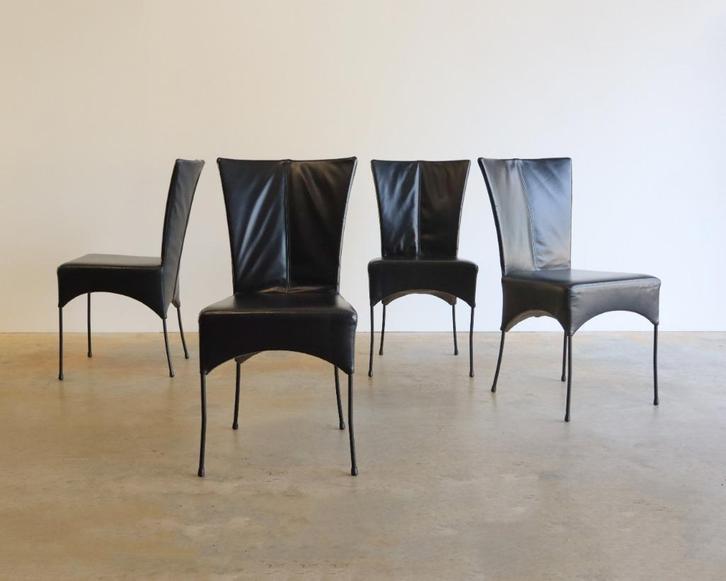 4x zwart echt leren design eetkamerstoelen, Antiek en Kunst, Antiek | Meubels | Stoelen en Sofa's, Ophalen