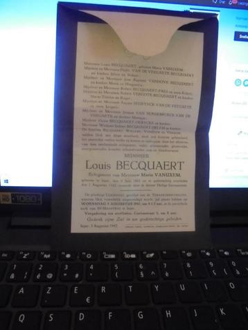 Louis Becquaert rouwbrief, Verzamelen, Ophalen of Verzenden, Rouwkaart