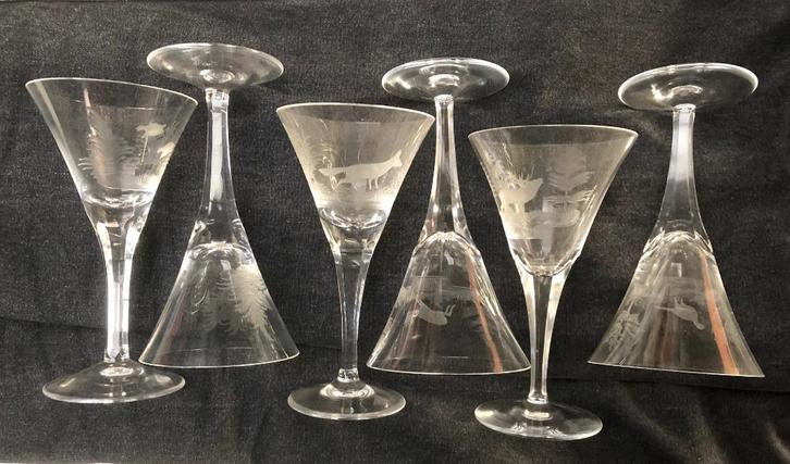SET - 6 x Antiek Kristal - Wildlife graveringen / ref. 11, Antiek en Kunst, Antiek | Glaswerk en Kristal, Ophalen of Verzenden