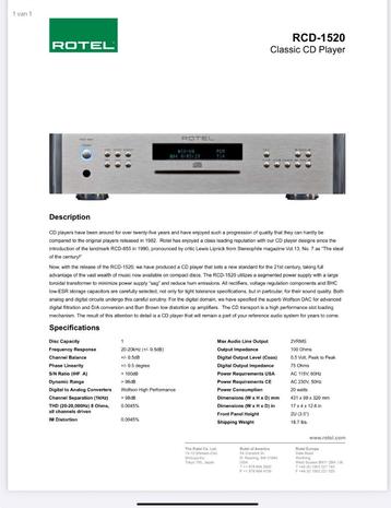 Prachtige ROTEL CD Player DCD1520 beschikbaar voor biedingen