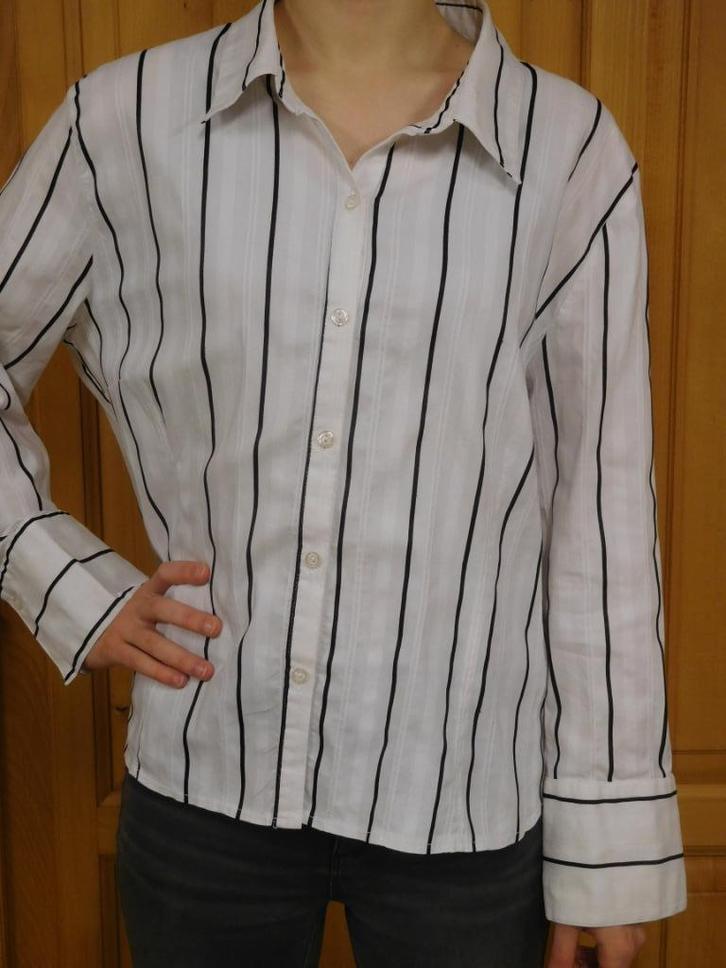 Wit overhemd met zwarte strepen en patronen in Blanc D'Auvry, Kleding | Dames, Blouses en Tunieken, Gedragen, Maat 46/48 (XL) of groter