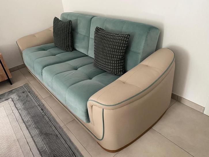 Comfortabele 3-zits zetel – groen/blauw – goede staat, Huis en Inrichting, Zetels | Zetels en Chaises Longues, Zo goed als nieuw