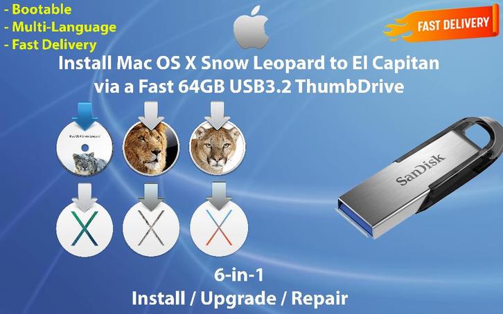 Installez Mac OS X 10.6.3-10.11.6 via Clé USB de 64 Go ! OSX, Informatique & Logiciels, Systèmes d'exploitation, Neuf, MacOS, Envoi