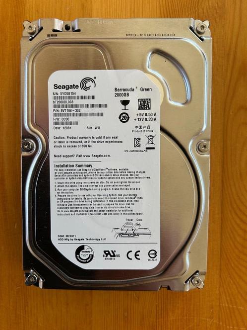 Disque Dur Interne Seagate Barracuda Green 2TB 3.5", Computers en Software, Harde schijven, Gebruikt, Desktop, Intern, HDD, SATA