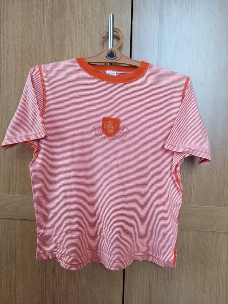 Petit Bateau Kinder T-shirt oranje witte lijnen wapenschild, Kinderen en Baby's, Kinderkleding | Maat 152, Gebruikt, Jongen of Meisje