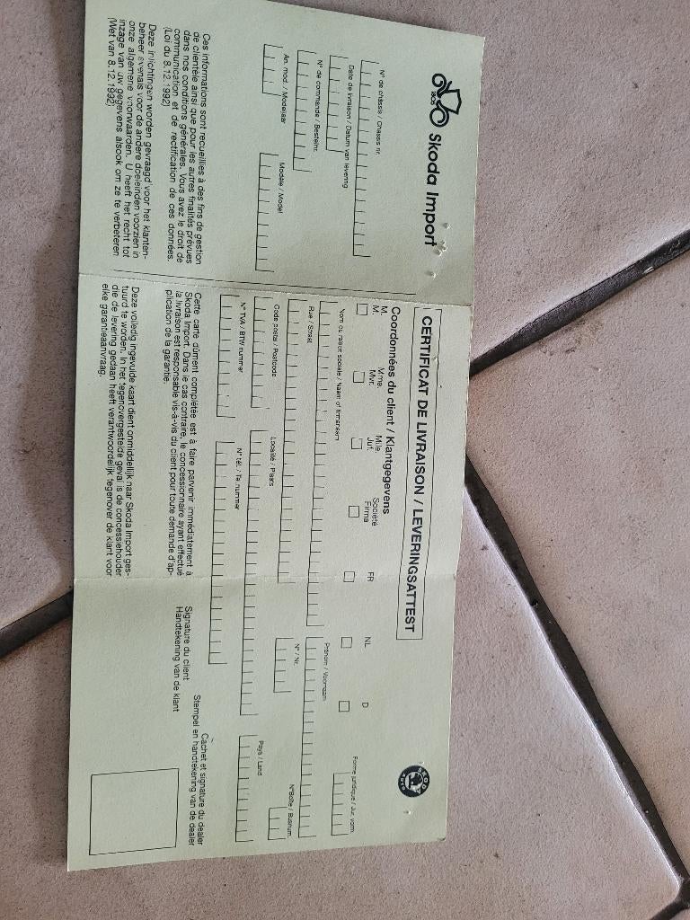 Certificat de Livraison SKODA Original VIERGE - Années 2000, Enlèvement ou Envoi, Neuf, Skoda