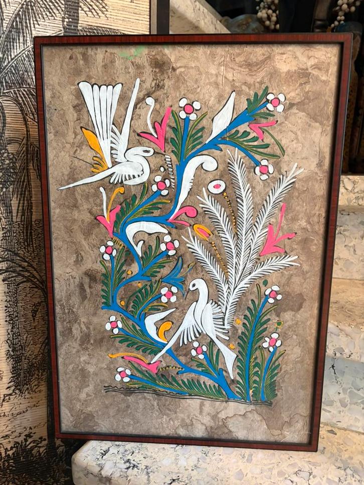 Mexicaans Amate boomschilderij in kader, Antiquités & Art, Art | Peinture | Abstraite, Enlèvement