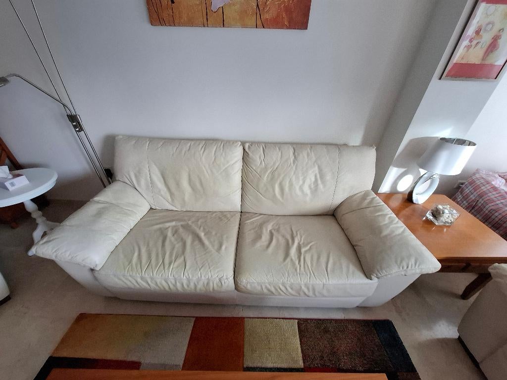 Ensemble salon en cuir blanc 3+2+1 places, Maison & Meubles, Canapés | Salons, Utilisé, Banc droit, Quatre personnes ou plus, 150 à 200 cm