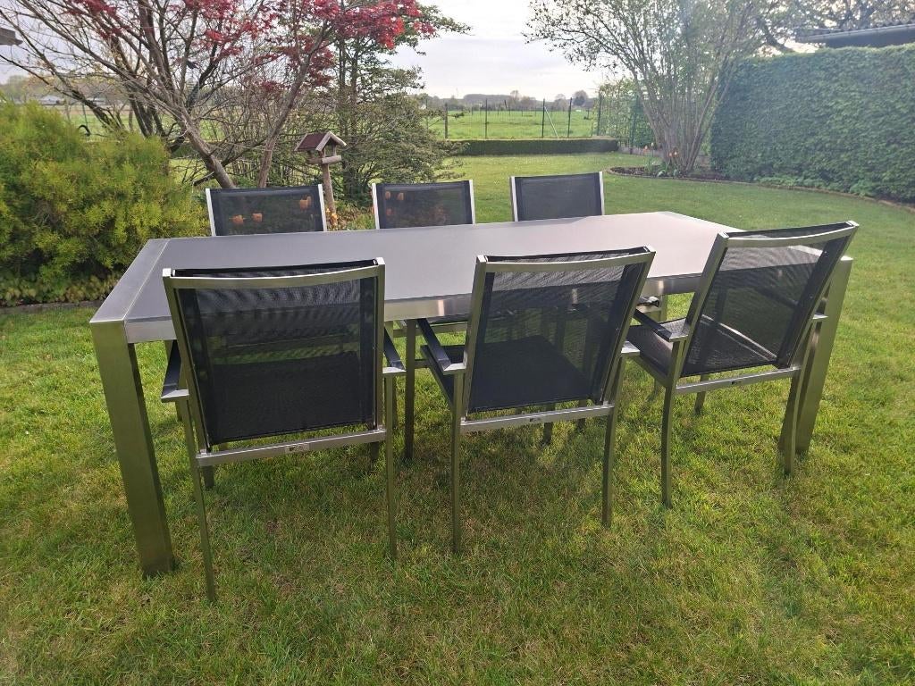 Tuinset terrastafel 220 x 100 cm inox glazen blad, Tuin en Terras, Ophalen, Inox, Gebruikt, 6 zitplaatsen