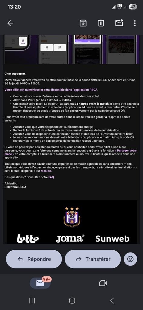 2 tickets coupe de belgique coté anderlecht, Tickets & Billets, Sport | Football, Avril