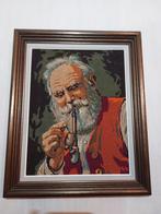Bordurwerk in kader van oude man die een pijp rookt., Antiek en Kunst, Kunst | Schilderijen | Klassiek, Ophalen