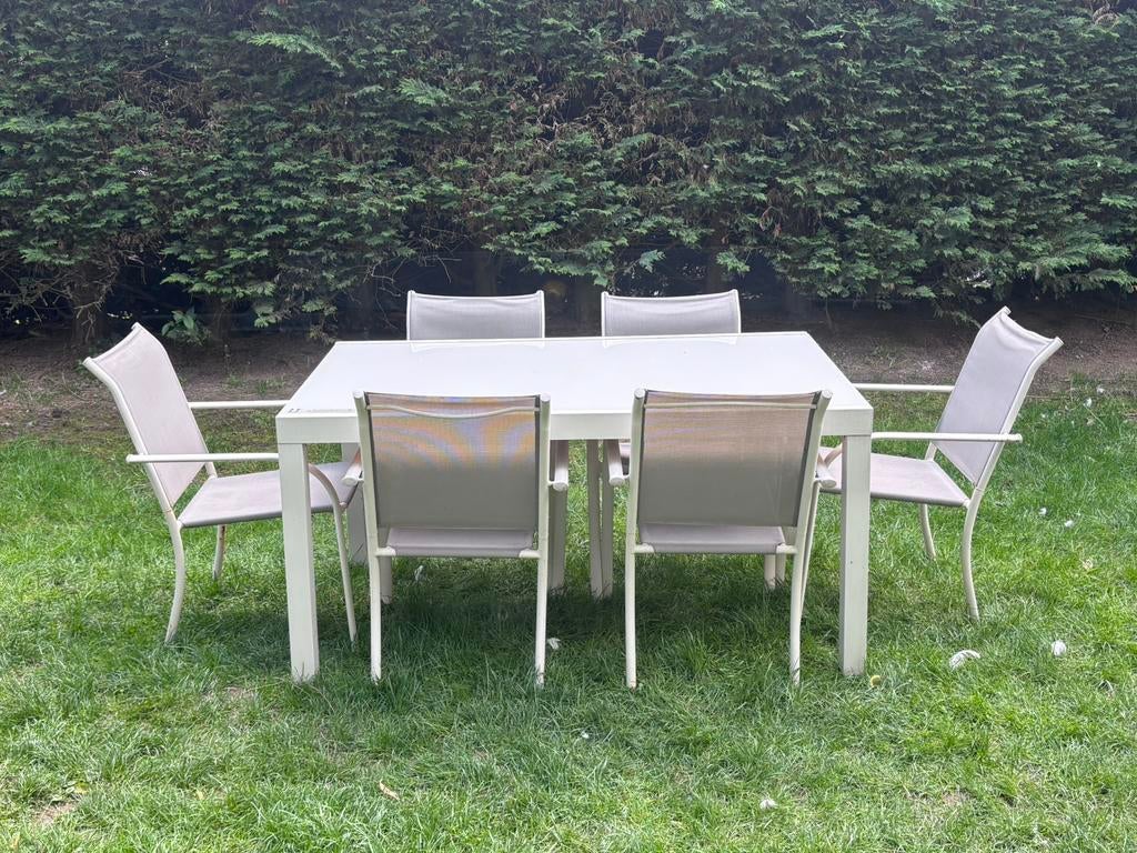 Tuintafel met verlengstuk en 6 stoelen, Ophalen, Zo goed als nieuw