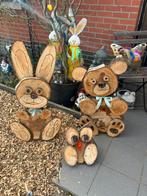 Mooie handgemaakte tuinbeelden konijn , beer en uil, Ophalen, Zo goed als nieuw, Hout