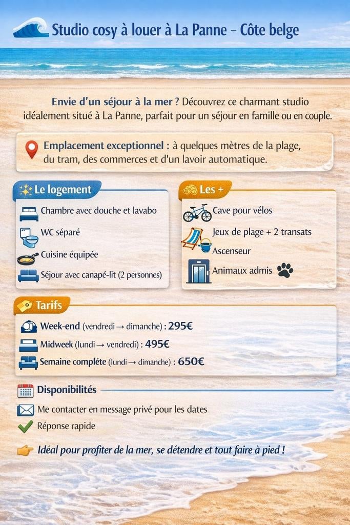 Studio cosy à louer à La Panne Côte belge