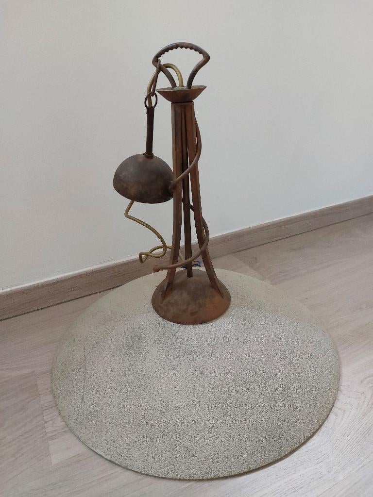 Plafonnier verre et fer forgé, Ophalen, Gebruikt, Glas