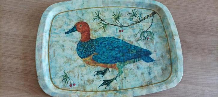 metalen serveerschaal, beschilderd patroon: eend, Huis en Inrichting, Woonaccessoires | Dienbladen, Gebruikt, Metaal, Rechthoekig