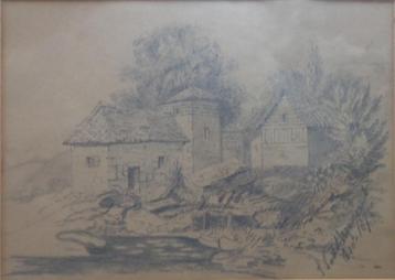 ONLEESBAAR / HUISJES BIJ RIVIER / ORIGINEEL / 41x50cm KADER beschikbaar voor biedingen