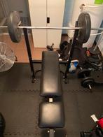Bench press + gewichten, Sport en Fitness, Fitnessmaterialen, Ophalen, Zo goed als nieuw