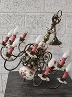 Vintage kroonluchter van messing en floraal porselein, Ophalen, Metaal