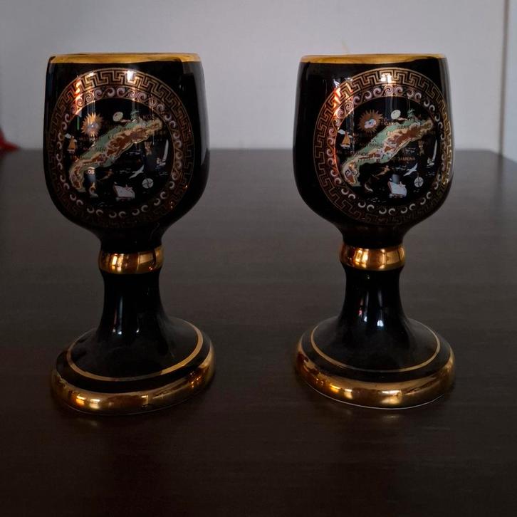 2 Griekse vaasjes/kelkjes - handgemaakt met 24K gouddecor, Huis en Inrichting, Woonaccessoires | Vazen, Zo goed als nieuw, Ophalen
