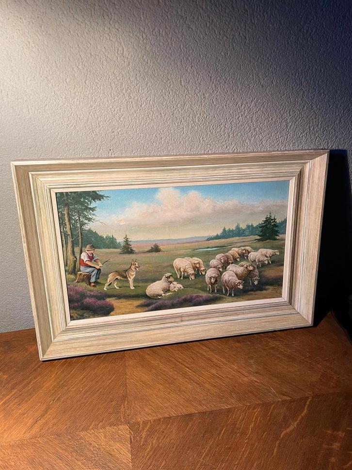 Schilderij getekend John Janssens 55 op 38 kader inbegrepen, Antiquités & Art, Art | Peinture | Classique, Enlèvement ou Envoi