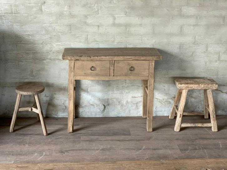 Olmenhout muurtafel - 100 x 40 cm + 83,5 cm hoog / 2 lades, Huis en Inrichting, Tafels | Sidetables, Zo goed als nieuw, 25 tot 50 cm