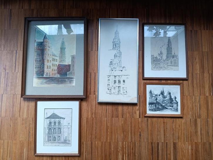 Set van 5 kunstwerken Antwerpen, gesigneerd, Antiquités & Art, Art | Eaux-fortes & Gravures, Enlèvement ou Envoi