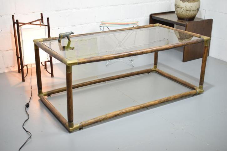 Vintage Rotan Bamboe Salontafel met Rookglas, Huis en Inrichting, Tafels | Salontafels, Gebruikt, Minder dan 50 cm, 50 tot 100 cm