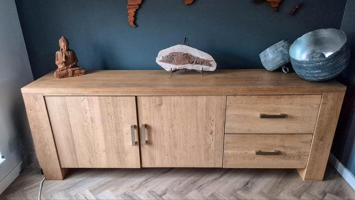 Gestoomd eiken dressoir met laden en kasten, Huis en Inrichting, Kasten | Dressoirs, Gebruikt, 200 cm of meer, 50 tot 75 cm, Met lade(s)