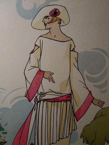 Erte. Jaren 20/30. Elegantie in aquarel. Hoed en jurk. beschikbaar voor biedingen