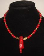 Collier van rood natuursteen met koraalhanger goud, Handtassen en Accessoires, Kettingen, Verstelbaar, Verzenden, Nieuw, Steen of Mineraal