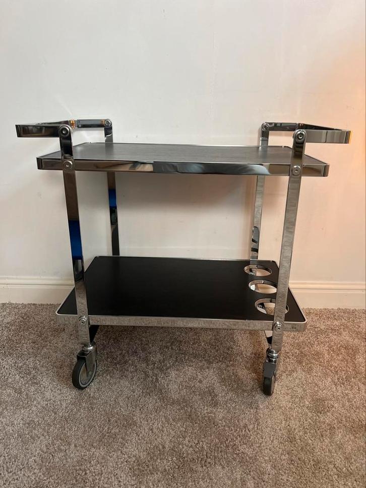 Vintage ‘90 chromen serveertafel / Bar Trolley, Huis en Inrichting, Tafels | Sidetables, Zo goed als nieuw, Overige houtsoorten