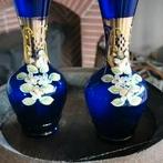 Cobalt Blue Glas Bohemian Vaasjes met bladgoud, Antiek en Kunst, Ophalen