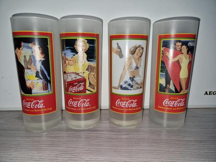 4 Coca Cola-glazen met oude advertenties, Verzamelen, Merken en Reclamevoorwerpen, Nieuw, Overige typen, Ophalen of Verzenden