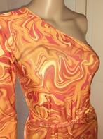 Lange jurk retro print one shoulder oranje XS-S, Verzenden, Nieuw, Oranje, Maat 34 (XS) of kleiner