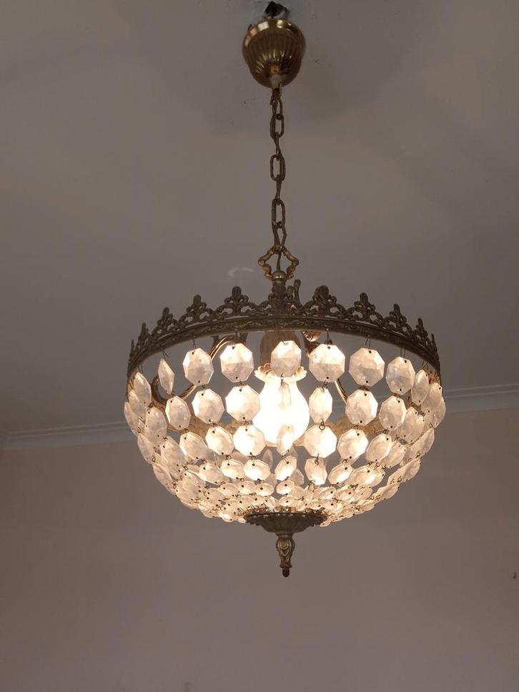 Vintage kroonluchter in verguld messing en glazen kwastjes Ø, Huis en Inrichting, Lampen | Kroonluchters, Zo goed als nieuw, Glas