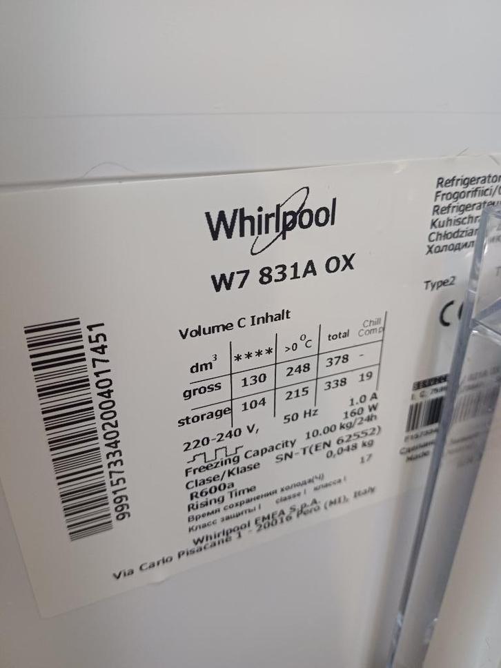 Diepvries/koelkast combinatie Whirlpool W7831A OX, Elektronische apparatuur, Koelkasten en IJskasten, Gebruikt, Met vriesvak, 100 tot 150 liter