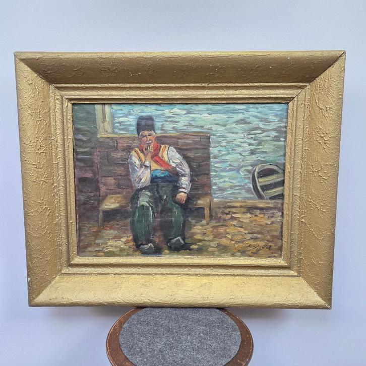 Rustende visser E. Schmidt (ingelijst), Antiquités & Art, Art | Peinture | Classique, Envoi