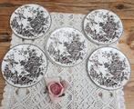 5 Kleine bordjes met bruin bloemen en vogel, Staffordshire, Antiek en Kunst, Antiek | Servies los, Ophalen of Verzenden