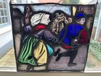 antiek glasraam in lood – oud, speels tafereel - man +vrouw, Ophalen