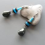 Druppeloorbellen van turkoois en zwart keramiek, Handtassen en Accessoires, Oorbellen, Overige materialen, Hangers, Blauw, Nieuw