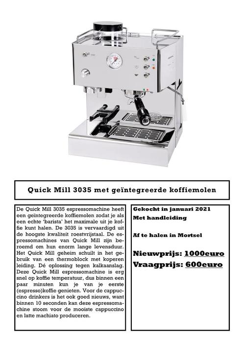 Quick Mill 3035, Electroménager, Cafetières, Utilisé, Café en grains, Machine à espresso, 1 tasse, Réservoir d'eau amovible, Tuyau à Vapeur