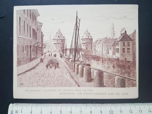 Prent (9,5x12,5cm) Kortrijk Courtrai Broeltorens aan de Leie, Verzamelen, Foto's en Prenten, Zo goed als nieuw, Prent, Gebouw