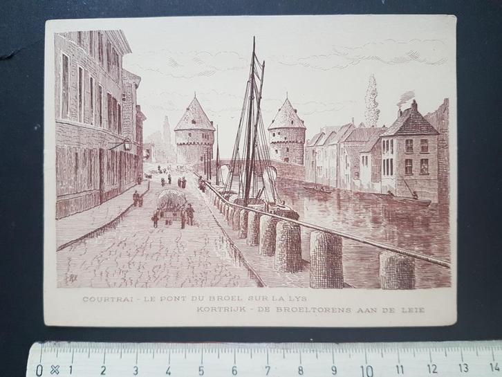 Prent (9,5x12,5cm) Kortrijk Courtrai Broeltorens aan de Leie, Verzamelen, Foto's en Prenten, Zo goed als nieuw, Prent, Gebouw